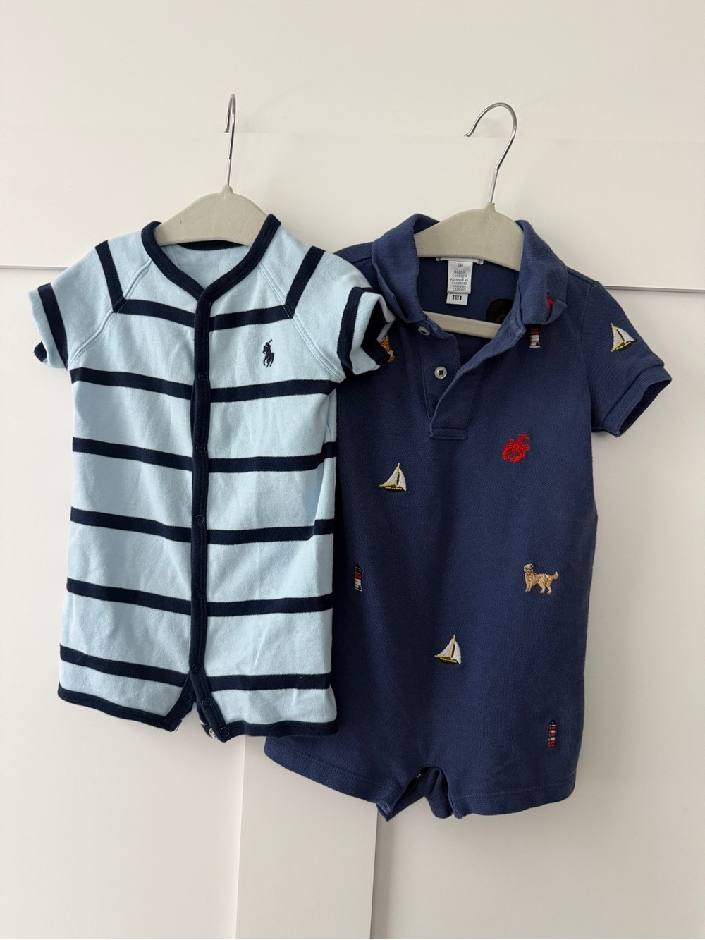 Ralph Lauren Navy Polo Romper & Light Blue Stripe Polo Romper Set